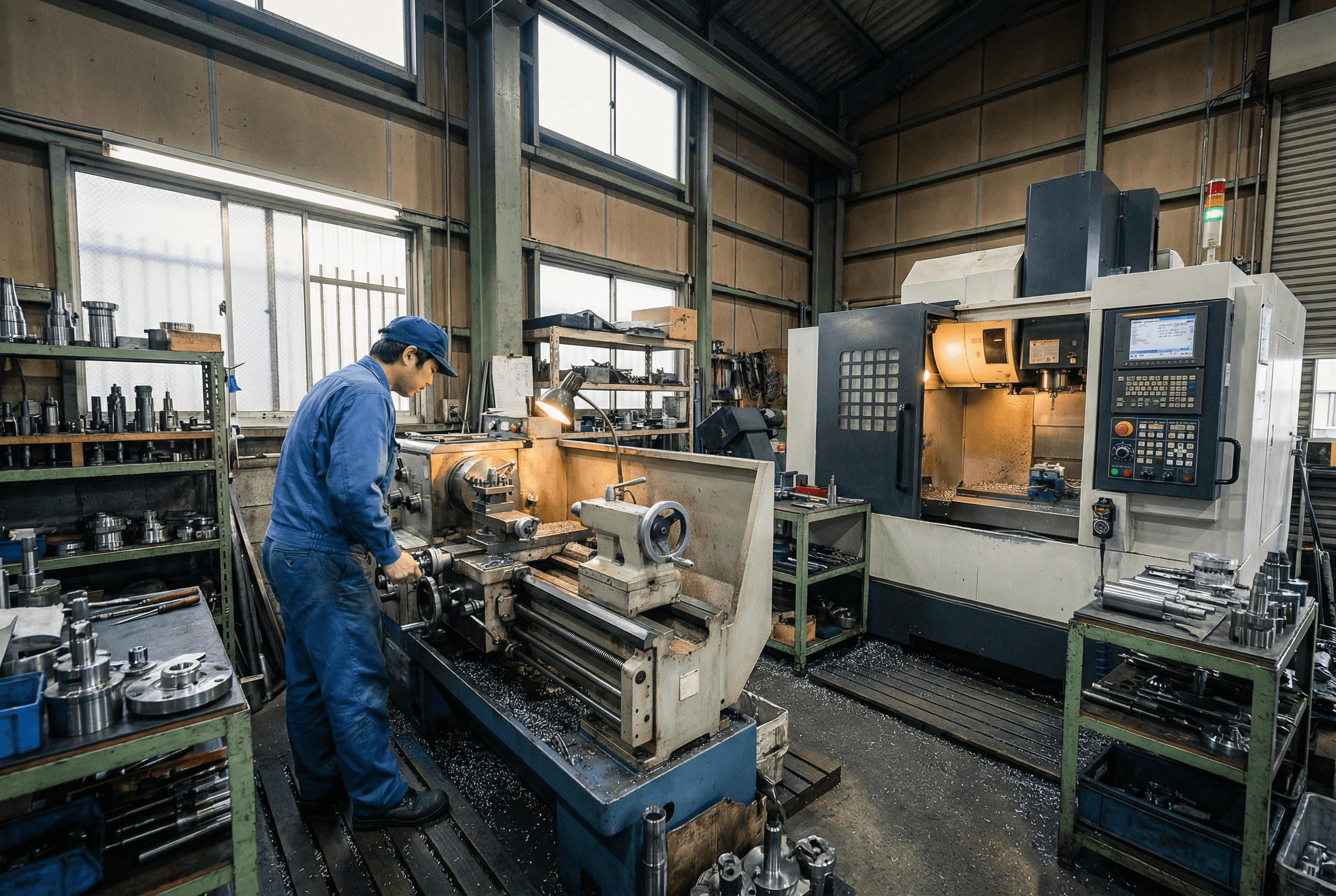 町工場の旋盤加工