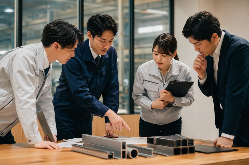 数人で打ち合わせをする社員の作業風景
